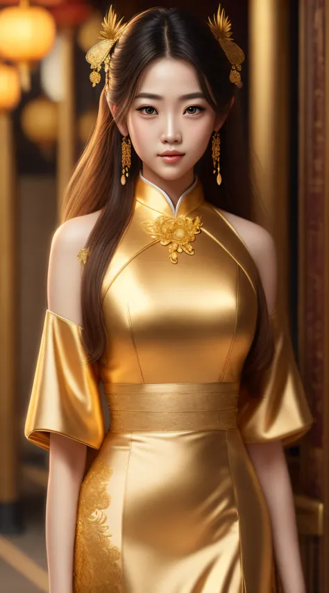 Best quality,masterpiece,ultra high res,(photorealistic:1.4),anime girl,shoulder,charming,Looking at the camera,Wuxi ,gold Chinese dress