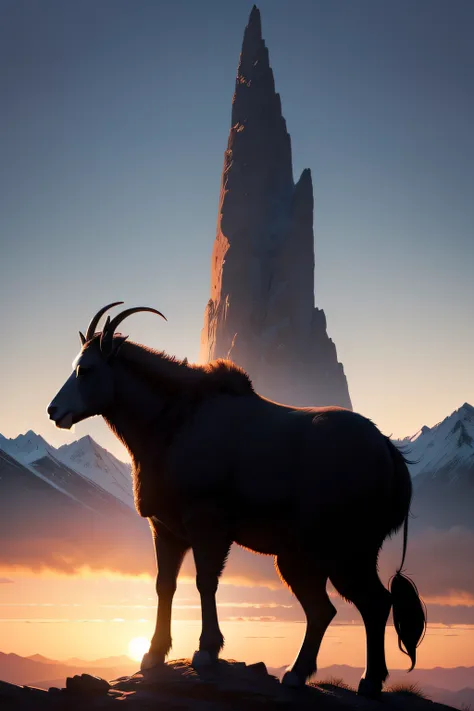 silhouette of a mountain goat, silhouetted against the sky at sunset, realistic painting, by Charles Gregory and Antonio Jacobsen and Edward Moran, (long shot), clear blue sky, intricated details