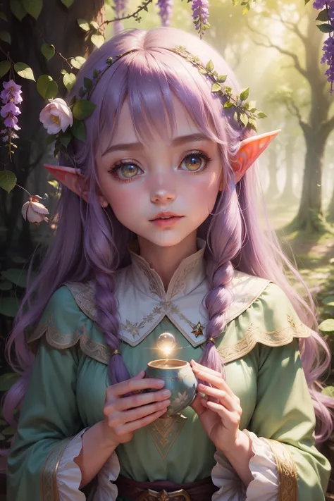 Image type：illustration、Fantasy painting theme：tiny faeries(Highest definition)(Cute facial features) Details keywords：ln the forest、Wisteria rose、As estrelas、the elf、(ultra intricately detailed) enviroment：mistic、peacful、Huge lighting effects：Soft sunligh...