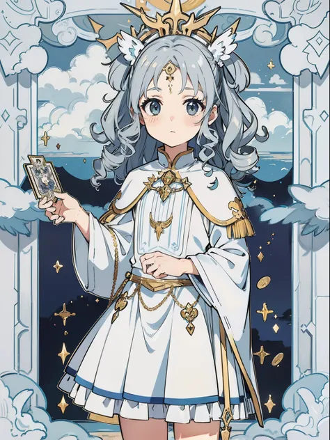 1 little girl, curly hair, power of clouds, clouds all over, gray hair, wearing cute magical costume, with gold ornament on forehead, high-resolution, 8k masterpiece, looking at you, inside tarot card