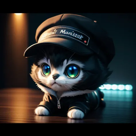 (Masterpiece), (8k), (Best Quality), concept art, Chibi, Cute fluffy black cat, Fashionable, wearing white jacket and cap , thick necklacem, 3D rendering, neon light on background, Cinematic lighting, Background blur:1.5, The background is a woodgrain wall