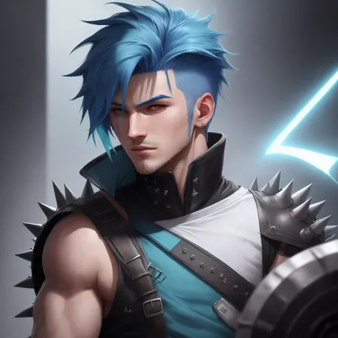 He has blue spiky hair that partly covers the right side of his face which only makes his character look cooler