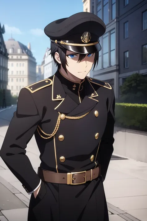 He had Dark hair , blue eyes , He had medium build , He was wearing A german style black Marshall unifrom ,a german style black Marshall Cap , standing strong in the ruined city