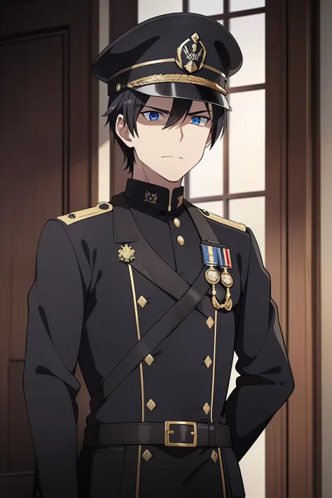 He had Dark hair , blue eyes , He had medium build , He was wearing A german style black Marshall unifrom ,a german style black Marshall Cap , standing strong in the battelfield