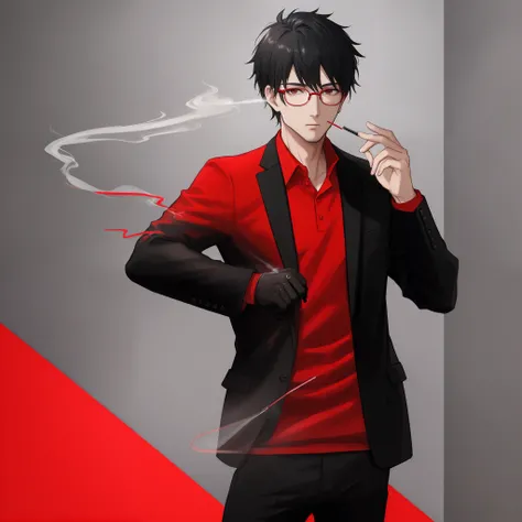 man in a red shirt and black jacket smoking a cigarette, black hair, with transparent eyeglass