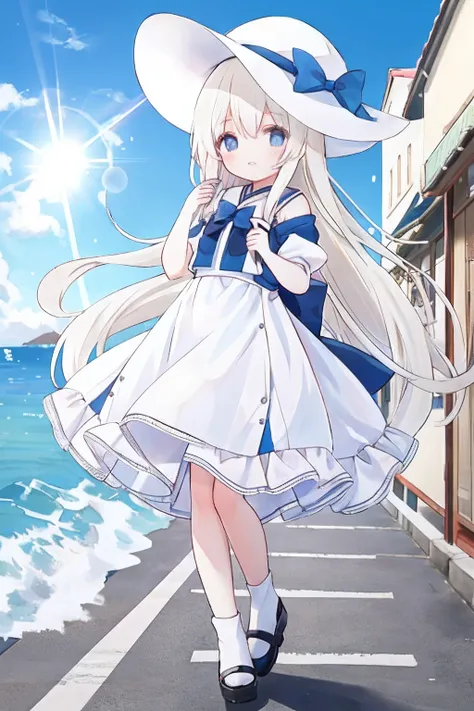 Cute little girl s，Moe Mei standing on the street of a Mediterranean port town,Wind,pale-blonde hair, Blue eyes,Very long double tail,White dress,White hat,Blue sky,Kaihuai,double teeth,Closed eyes,view the viewer,Lens flare,Dramatic, Coastal