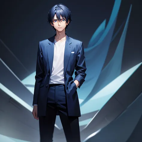 dark blue background , An anime young man looks at me with disdain , He stands in the middle , solo