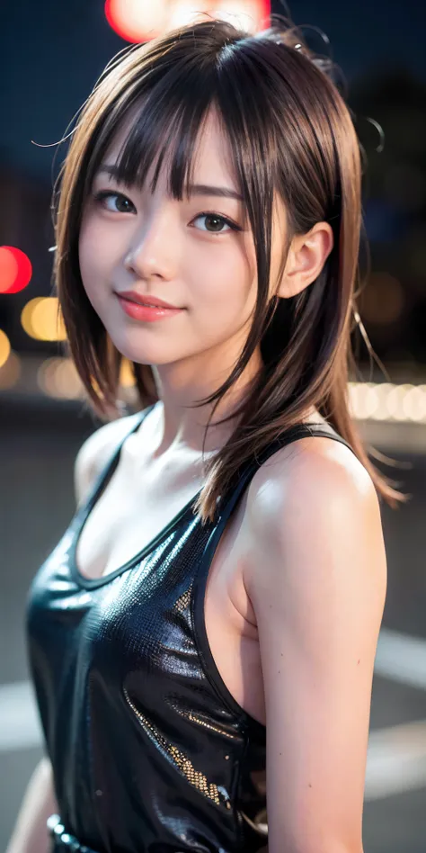 1girl, Tokyo street,night, cityscape,city lights,upper body,close-up,smile,, (8k, RAW photo, best quality, masterpiece:1.2),(realistic, photo-realistic:1.37),