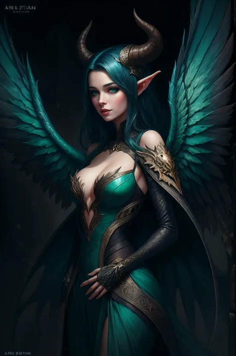 HOT woman  ,dark emerald tiefling female with wings, by Anna Dittman