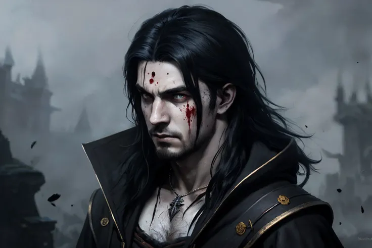 (Complete portrait of a young male wizard of a medieval psychopath，Blood splattered on his face，Long black hair and mage costume summon tornado spells), (villain), ((Evil meticulous eyes)) hyperdetailed face, RPG game concept art, art of greg rutkowski, ar...