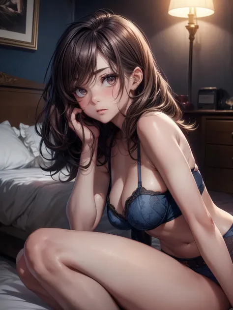 Best Quality, masutepiece, beautiful mature women、Beautiful face、Strong-minded woman、Dark blue underwear、brown haired、Brown-eyed、Longhaire、Undersized eyes、Full body like、hotel、on the beds、Unkempt hair、(((darkened room)))、(((Opening legs)))、(((Embarrassed f...