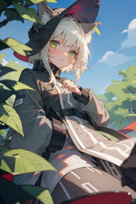 one-girl，cat ear，with short white hair，Green eyes，wind coat，trpical garden，Greenery，florals，blue-sky