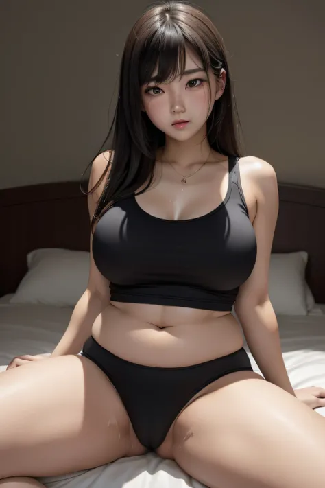 a beauty girl、the face is round、Plump、((full of sweat))、cute little、embarrassed from、thighs thighs thighs thighs、Be undress、Take off a dark tank top、((sit on the bed and open your legs wide))、