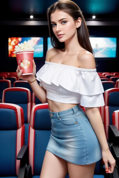 Russian women、Female sexy、Off-shoulder white shirt､Denim miniskirt、espadrilles、Holding popcorn in both hands、In the cinema