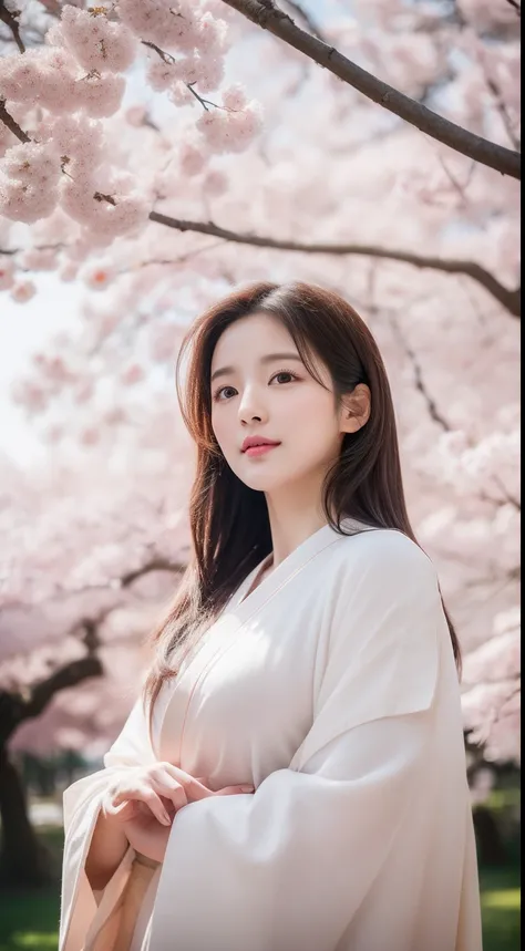 realistic photos of 1 cute Korean star, medium hair, hair flying, white skin, thin makeup, 32 inch breasts size, wearing kimono, under cherry blossom trees, upper body portrait, Abstract expressionism, backlighting, UHD