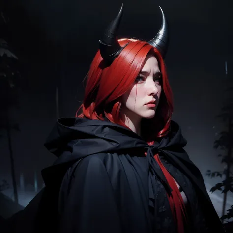 The woman, with red hair, orange eyes, black horns, hood, cry, sad, hurt, gloomy dark background, shrouded spirit, black horns, spire, forest, cry