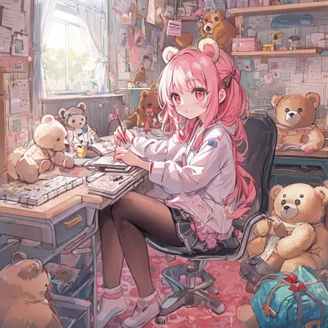 absurderes, hight resolution, (Anime style:1.1), ((masutepiece)), ((Best Quality)), (Ultra-detailed), (Beautiful), 独奏, Beautiful face、(liftup),12year old、Your own cute room、pink wall paper、Lots of stuffed animals lined up.、Realistic beautiful stars々、(Cute ...