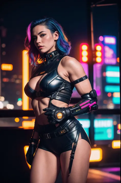 Masterpiece, a beautiful female mech pilot, (Alyssa Sutherland:Janeane Garofalo:0.5), (cyberpunk city at night background), partially transparent sexy cyberpunk outfit, (small breasts), strong muscular body, short multicoloured hair, undercut, legs, cyberp...