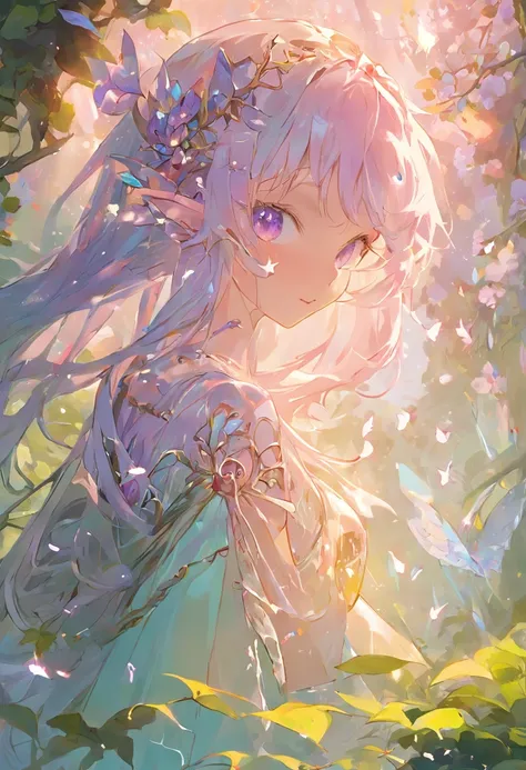 Image type：illustration、Fantasy painting theme：tiny faeries(Highest definition)(cute facial features) Details keywords：ln the forest、Wisteria rose、As estrelas、the elf、(ultra intricately detailed) enviroment：mistic、peacful、Huge lighting effects：Soft sunligh...