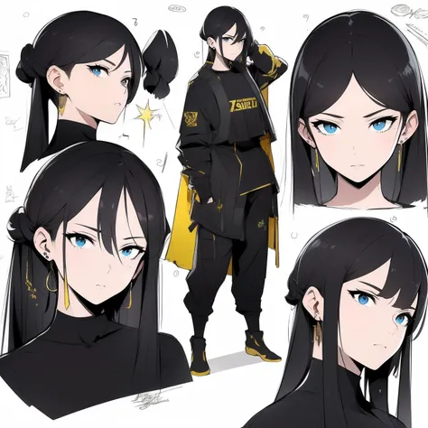 Yellow theme，Masterpiece,Best quality,offcial art,Extremely detailed Cg Unity 8K wallpaper,1girll, Joy, anger and sorrow on all kinds of expressions，Single ponytail hairstyle，Glowing fist，Mechanical headphones，（（（Yellow combat uniform））），a black cloak，Hold...