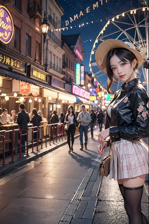 (8K、top-quality、超A high resolution、​masterpiece:1.2)、(Photorealsitic:1.4)、(detailed skins:1.3)、女の子1人、Beautiful model at 18 years old、Perfect Style、Beautiful Japan actress、Fashionable clothing、Trendy clothes、(Detail Eye) 、A smile、(Night amusement park、Lit u...