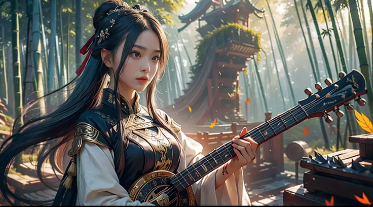 best qualtiy，tmasterpiece，超高分辨率，（realisticlying：1.4），Detal Face，Detail finger parts， 1girll，lute，arma，（Magical Circle：1.2），xiuxian，In the middle of a bamboo forest，Whole body diagram，black long dress，Silver hair accessories，a beauty girl，Bamboo building，fa...