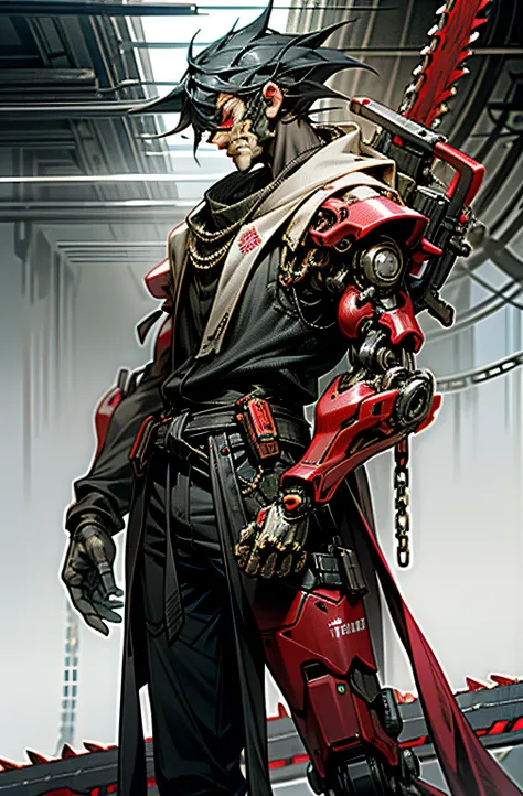 dark_fantasy,cyberpunk,(chain saw,chain saw man,red:1.1),1man,mechanical marvel,robotic presence,cybernetic guardian,