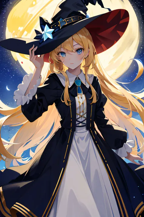 ((masterpiece:1.2, best quality)), 1girll, solo, (witch hat), blonde hair, long hair, dress, aurora, night, star (sky), mitts, s...