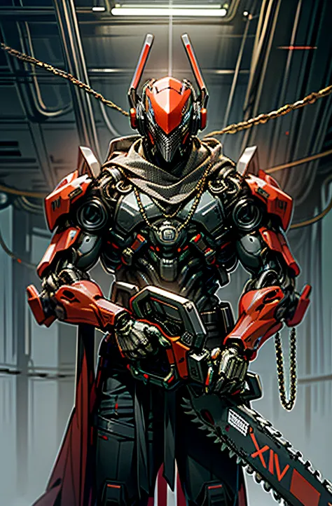 dark_fantasy,cyberpunk,(chain saw,chain saw man,red:1.1),1man,mechanical marvel,robotic presence,cybernetic guardian,