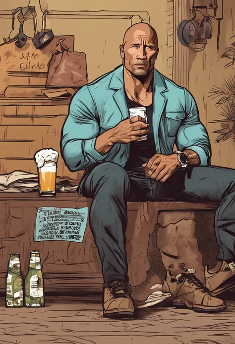 fazer um homem como DWAYNE JOHNSON sentado em uma cadeira e parece pobre e triste, com roupa rasgada e garrafa de cerveja na mao, disco Rigido, horizontal resolution 16:9