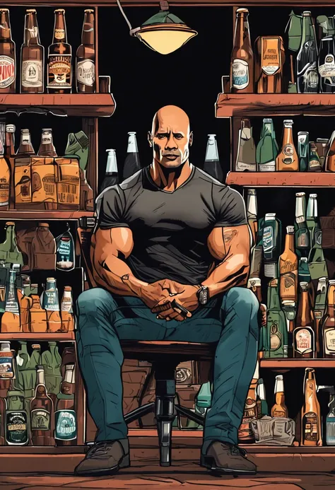 fazer um homem como DWAYNE JOHNSON sentado em uma cadeira e parece pobre e triste, com roupa rasgada e garrafa de cerveja na mao, disco Rigido, horizontal resolution 16:9