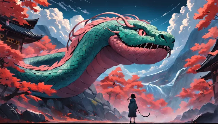 A huge snake，腾云驾雾，Clouds，In dreams，In the mountains，Folk suspense comic book style，SENSE OF CINEMA，photorealestic，。.。.3D