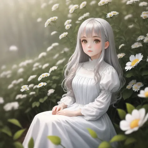 1 long silver-haired girl，Goose egg face, big eyes, cherry small mouth, sitting in a field of greenery and flowers，her hand under her chin，warmly lit，white dresses，Blurred foreground