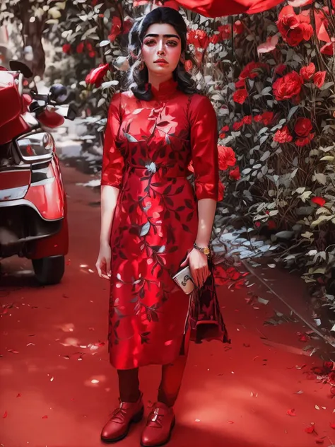 a woman in a red dress holding a bouquet of flowers, a character portrait by Sohrab Sepehri, featured on cg society, qajar art, photo taken with nikon d750, studio portrait, studio photography