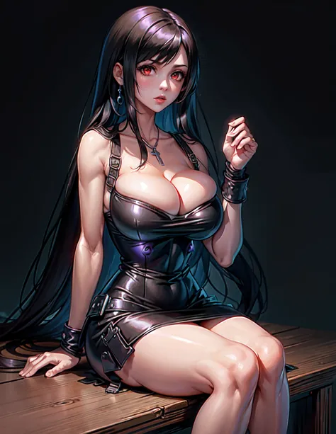 Tifa lockhart,  (huge breasts:1.5), long black hair, red eyes, purple dress, black lace trim