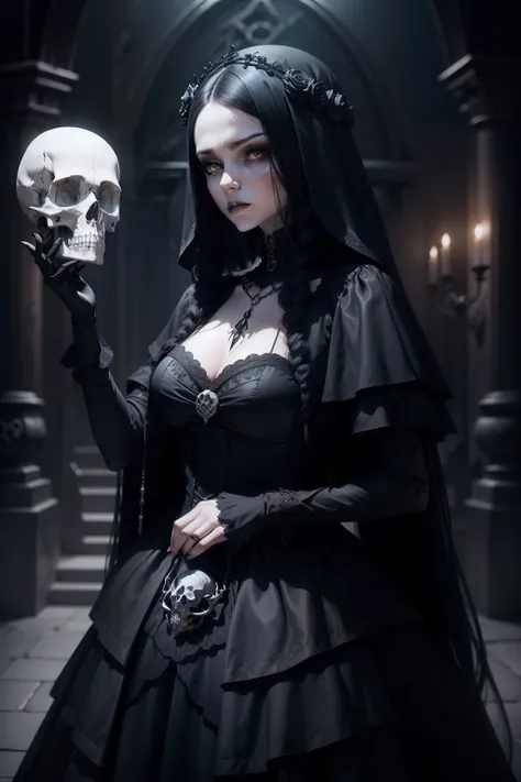 arafed woman in a black dress holding a skull in her hands, beautiful necromancer girl, wearing gothic accessories, gothic fashion, gothic horror vibes, wearing modern gothic clothes, gothic clothing, gothic aesthetic, gothic girl, gothic outfit, gothic ma...