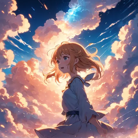 masterpiece, best quality, movie still, 1girl, cloud girl, floating in the sky, close-up, bright, happy, warm soft lighting, sunset, (sparks:0.7)