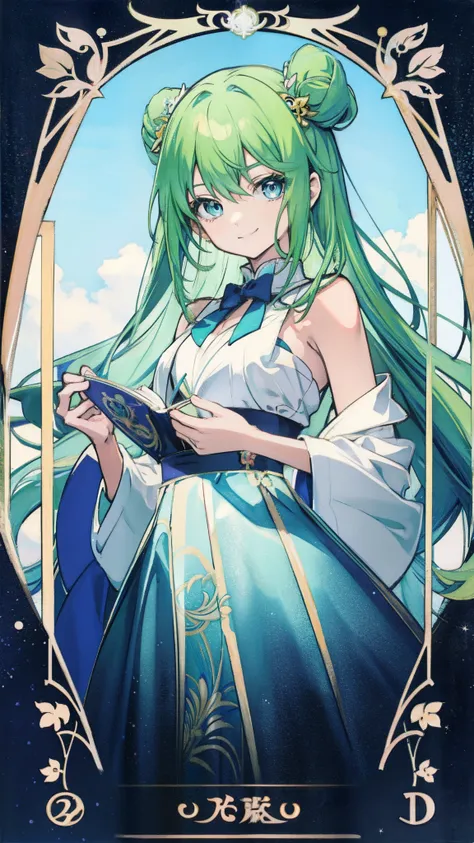 Anime goddess, Green vibrant hair, captivating blue eyes, Elegant and unique smile, Looks like anime art tarot cards.