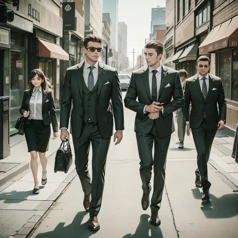 men and women walking,downtown,a refreshing morning,wears a suit,young recruits