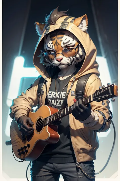 Cartoon tiger wearing jacket，Wearing sunglasses，holding guitars，Cool stage background，top-quality， single focal， 复杂 （the detail： 1.1） unreal-engine，tmasterpiece， （ultra-detailliert），