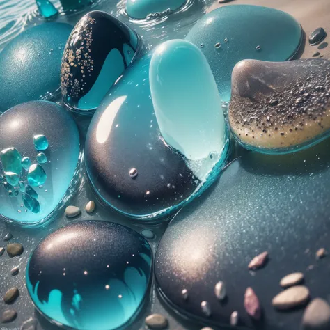 Beach close-up，There are a lot of stones and pebbles, Magical beach, Sea glass, Beautiful rainbow colors, Beautiful colors, beautiful opalescent colours, glistening seafoam, breathtaking colors, with beautiful colors, serene colors, startling colors, Beaut...