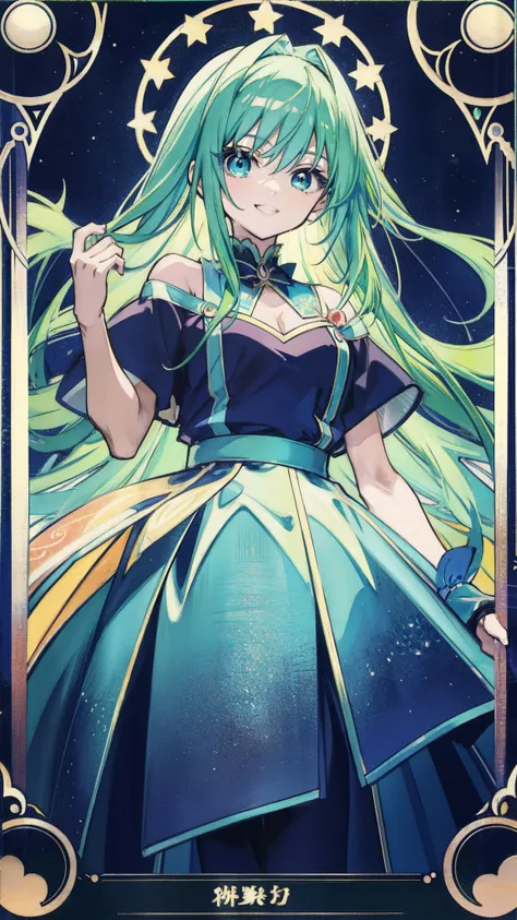 Anime goddess, Green vibrant hair, captivating blue eyes, Elegant and unique smile, Looks like anime art tarot cards.