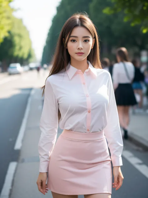 (best qualtiy，8K，tmasterpiece:1.3)，(sharp fokus:1.2)，(one-girl:1.2)，(perfect body figure:1.4)，(Slim abs:1.1)，(The shirt:1.4)，(Short pink skirt:1.2)，Street photography，rays of sunshine，Fine face，beautidful eyes，Straight legs。