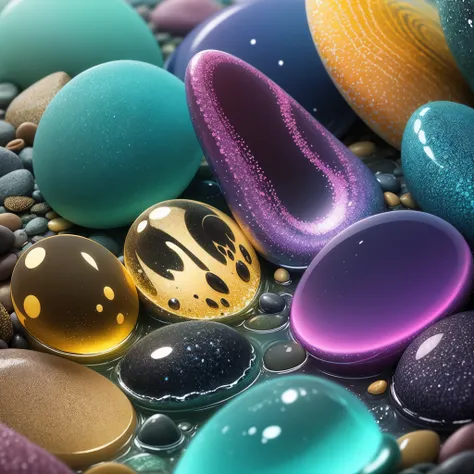 Beach close-up，There are a lot of stones and pebbles, Magical beach, Sea glass, Beautiful rainbow colors, Beautiful colors, beautiful opalescent colours, glistening seafoam, breathtaking colors, with beautiful colors, serene colors, startling colors, Beaut...