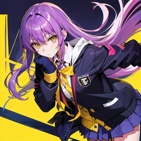 high school student,purple color  hair,yellow  eyes,Navy blue cardigan、No handle