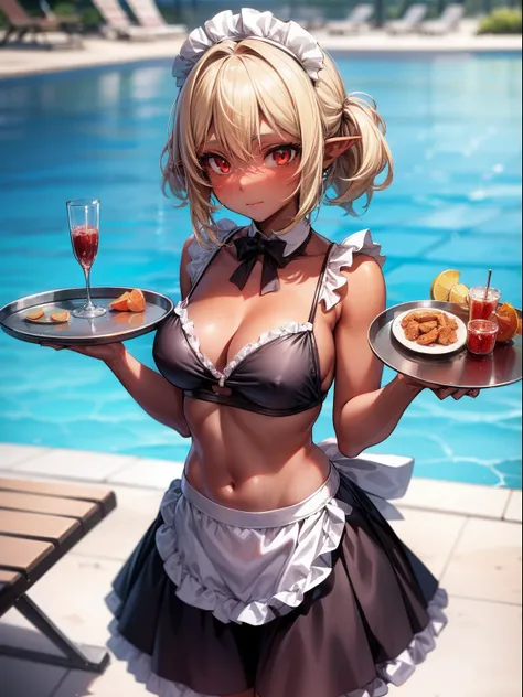 1girl,solo,blonde hairs,red eyes,black skin ,maid bikini,maid skirt, tray in hand,poolside,beach chair,standing,pointy ears