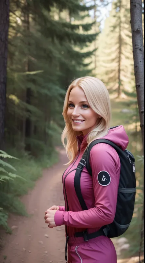 Woman, 30 years old, blond European, wearing parachutepants and a long sleeve magenta Tshirt with a logo, smiling, ouside, sunny, shoes, realistic, hiking boots, hiking backpack, trail, forest