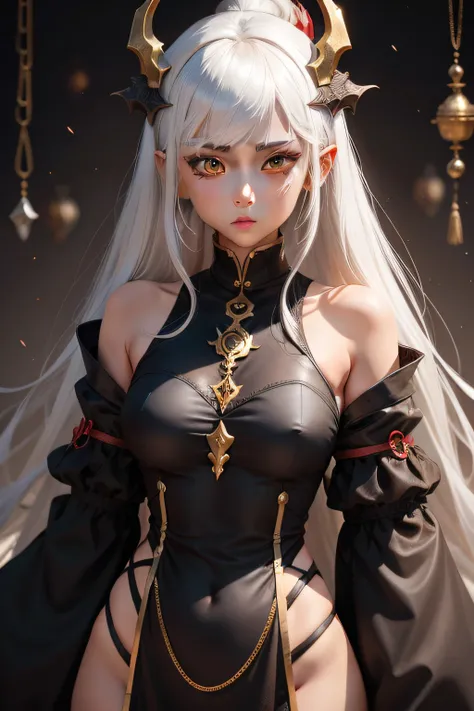 1 brown-skinned girl、Black Dragon Monster Girl、white  hair、Gold Eye、Black and red clothes、Hanging