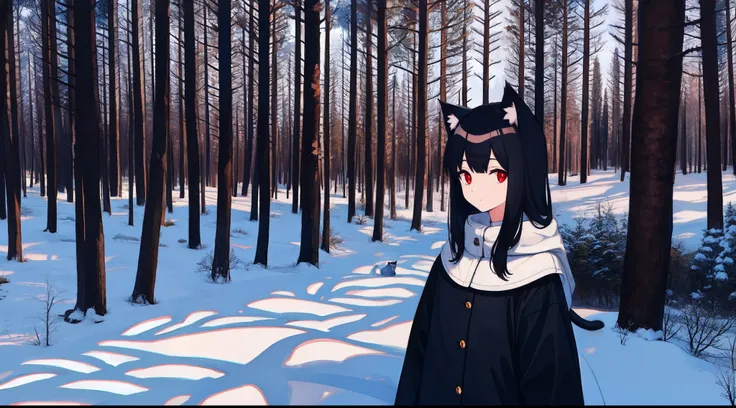 Snowy forest, Black hair, Cat ears, Cat girl,  Red eyes,