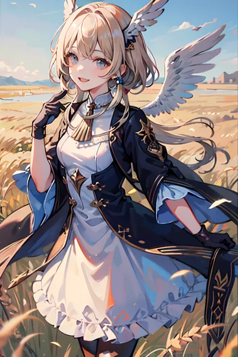 Illustration, ​master piece, Best Quality, 
1girl in, Solo, Small breasts, Hand up, 
cheerful smile, laugh, 17 age, up close shot, 
valkyrie, Feather Headgear, short small angel wings, Silver Gauntlet, gloves, 
swept bangs, Long Plutinum Blonde Hair, droop...